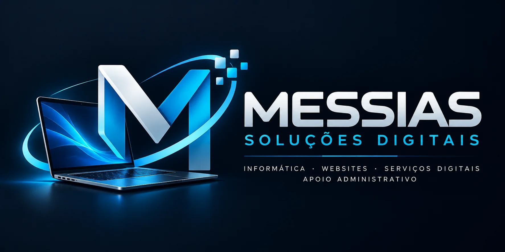 Imagem oficial da marca Messias Soluções Digitais, com monograma M, computador e lettering azul e prateado